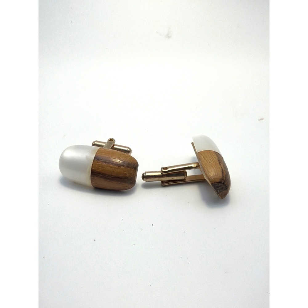 Vintage Mid Century Modern Wood and Frosted Acrylic Pill Cufflinks Gold Tone